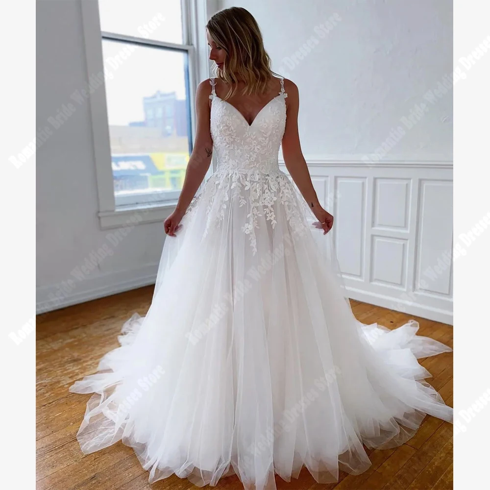

Deep V-Neck Women Wedding Dresses Flower Shoulder Strap Tulle Surface A-Line Gowns Newest Mopping Length Bright Princess Robes