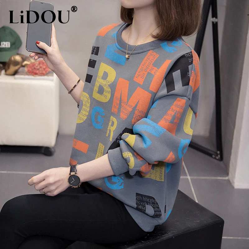 Autumn Winter Streetwear Letter Print Loose Casual Sweatshirt Top Women Long Sleeve Fashion Pullover Oversized All-match Jumper luckymarche le match porket anorak jumper qwuax23311nyx