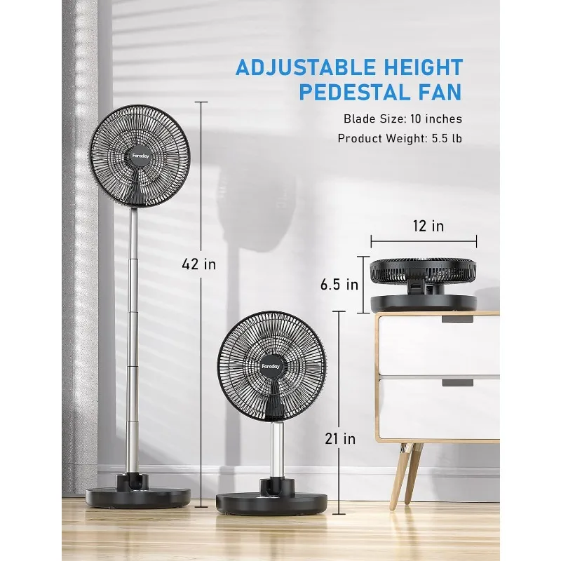 FARADAY Oscillating Standing Fan 12” Foldable Portable Quiet Floor Fan 12000mAh Rechargeable Pedestal Fan with Remote, Timer 4