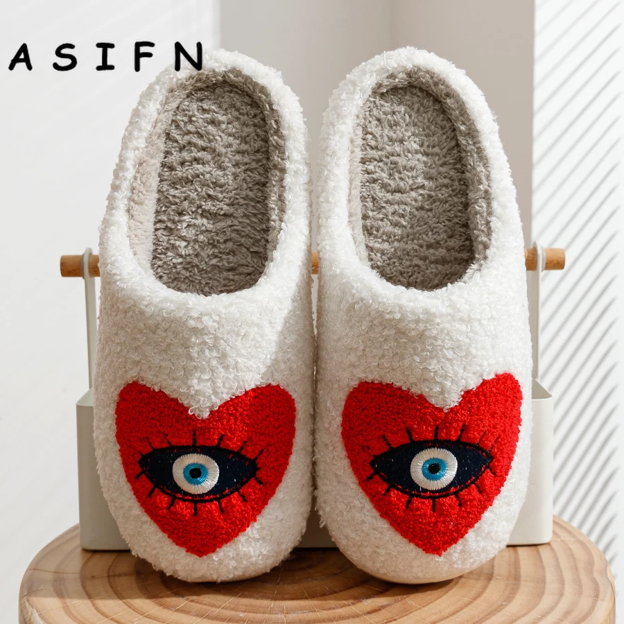 ASIFN Women's Slippers Winter Warm Houseshoes Evil Eye Fuzzy Comfy Heart Flat Sole Funny Home Flip Flops Women Casual Shoes