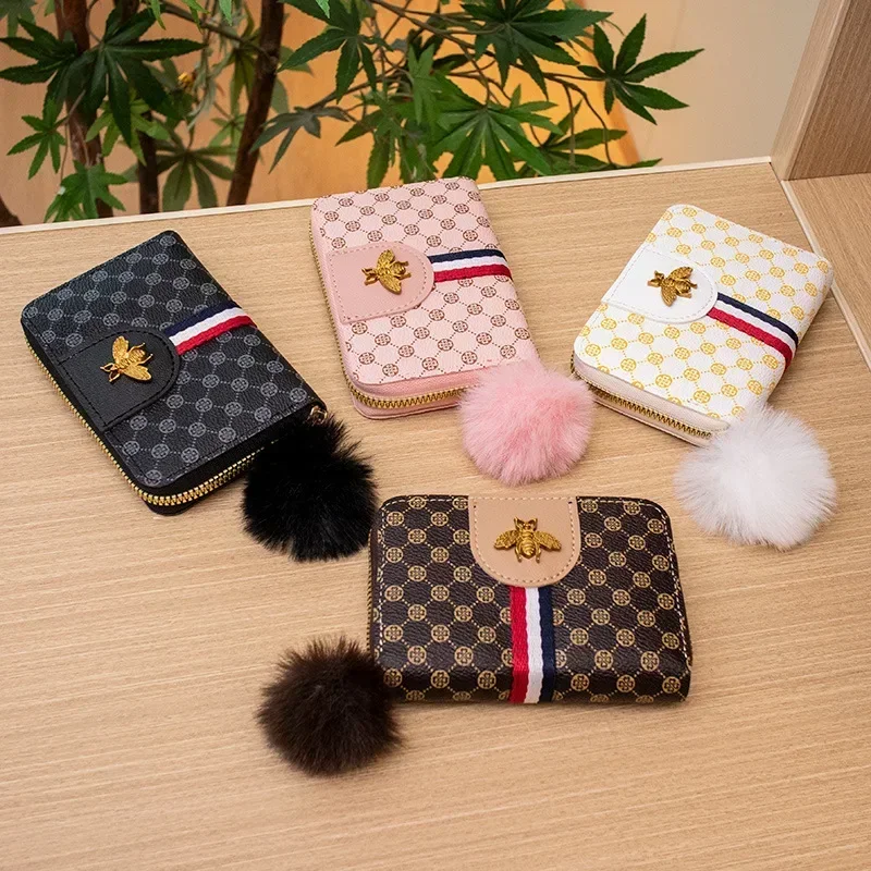 

ZV03 2023 trendy style retro ring print honey ribbon fur ball decoration multi card short change handbag women's bag