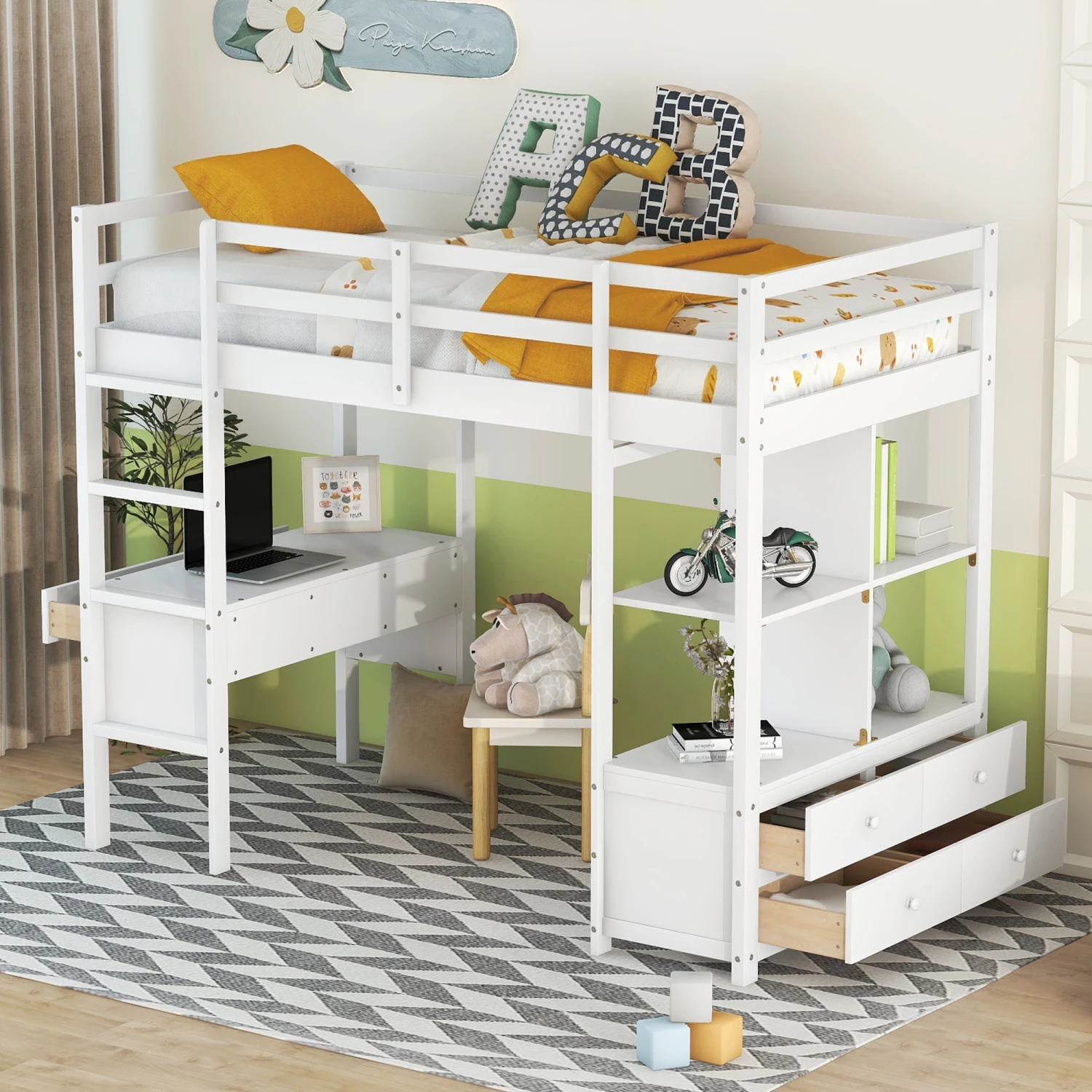 Twin Size Loft Bed with Built-in Desk with Two Drawers, and Storage Shelves and Drawers,White 3