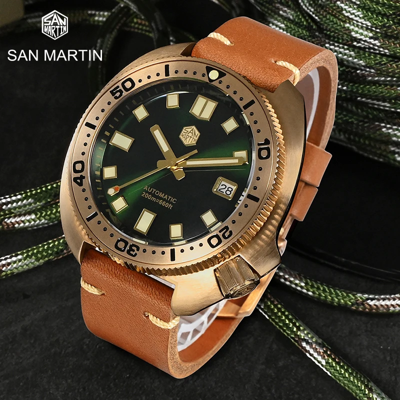 

San Martin 44mm Abalone V4 Turtle Solid CUSN8 Bronze Vintage Sapphire Diver Luxury Men Mechanical Watch 20Bar Luminous Relojes