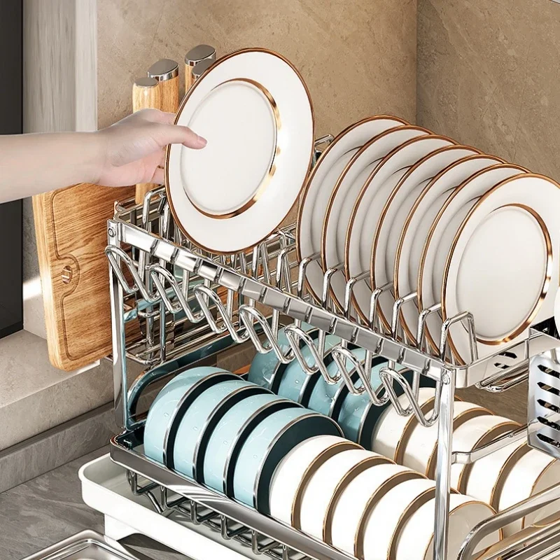 Kitchen Dish Drying Rack Adjustable Stainless Steel 2 Tier Plates Organizer Dish Bowl Drainer Storage Rack Kitchen Utensils 2