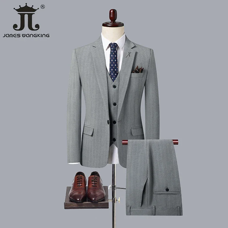 

(Jacket + Vest + Pants) Spring Autumn Suit Men's Suit British Stripes Casual Formal Workwear Groom Wedding Dress Social Tuxedo