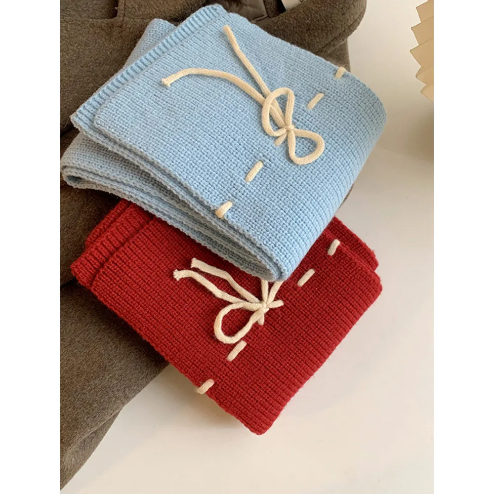 Fiocco rosso coreano per autunno e atmosfera femminile, calore denso, protezione per il collo, scialle lavorato a maglia, sciarpa invernale_voghion.com