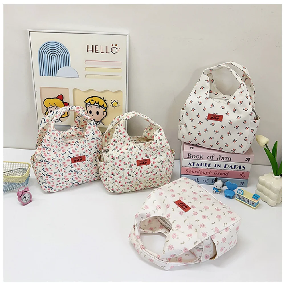 Small Floral Print Handbag For Women Commuting Handheld Bento Bag Large Capacity Student Lunch Bag Casual Shopping Wrist Bag
