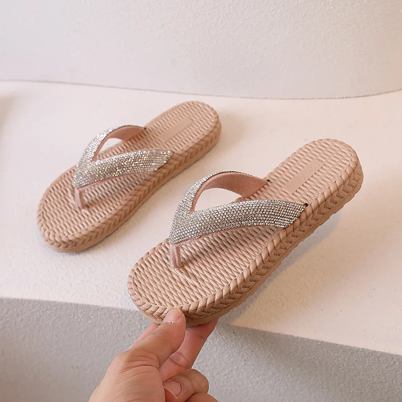 Girls Summer Herringbone Slippers Korean Style Comfortable Beach Shoes