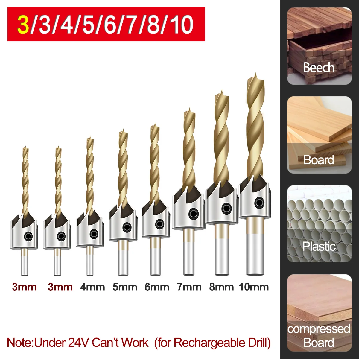 YGY-YGY 7pcs 3mm-10mm 5 Flutes Countersink Drill Bit Set HSS Carpentry Reamer Woodworking Chamfer Drill Drill