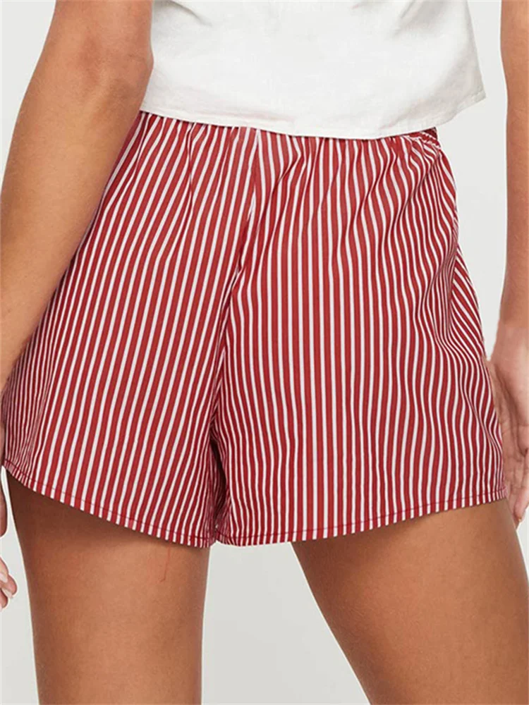 Women Summer Casual Pajama Shorts Kawaii Striped Boyshorts Elastic Loose Fit Button Lounge Bottoms Pj Y2K Home Suit_ecoleips.com