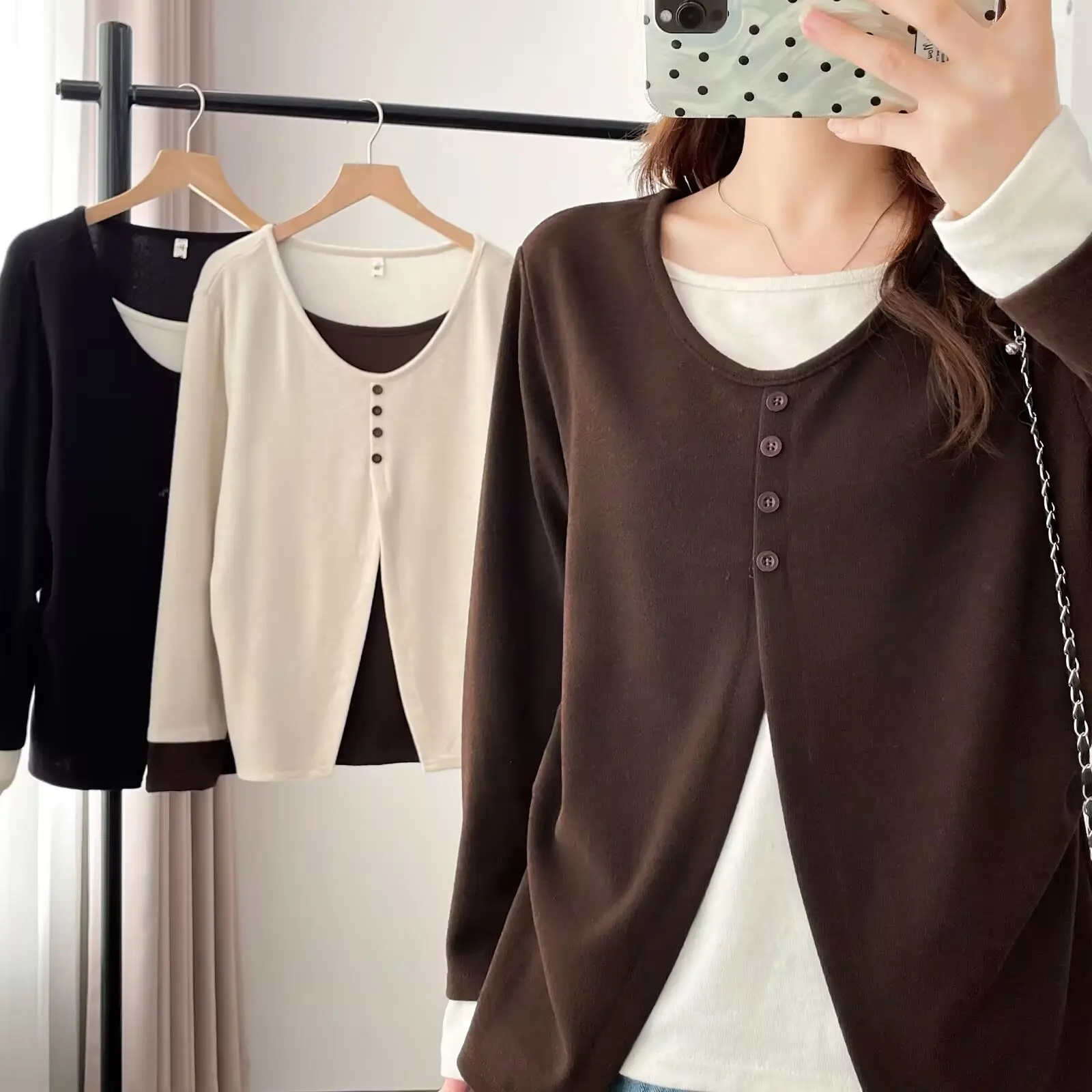 Fashion Plus Size Women's Long Sleeved T-Shirts Autumn Style Fake Two Pieces Tops 2536