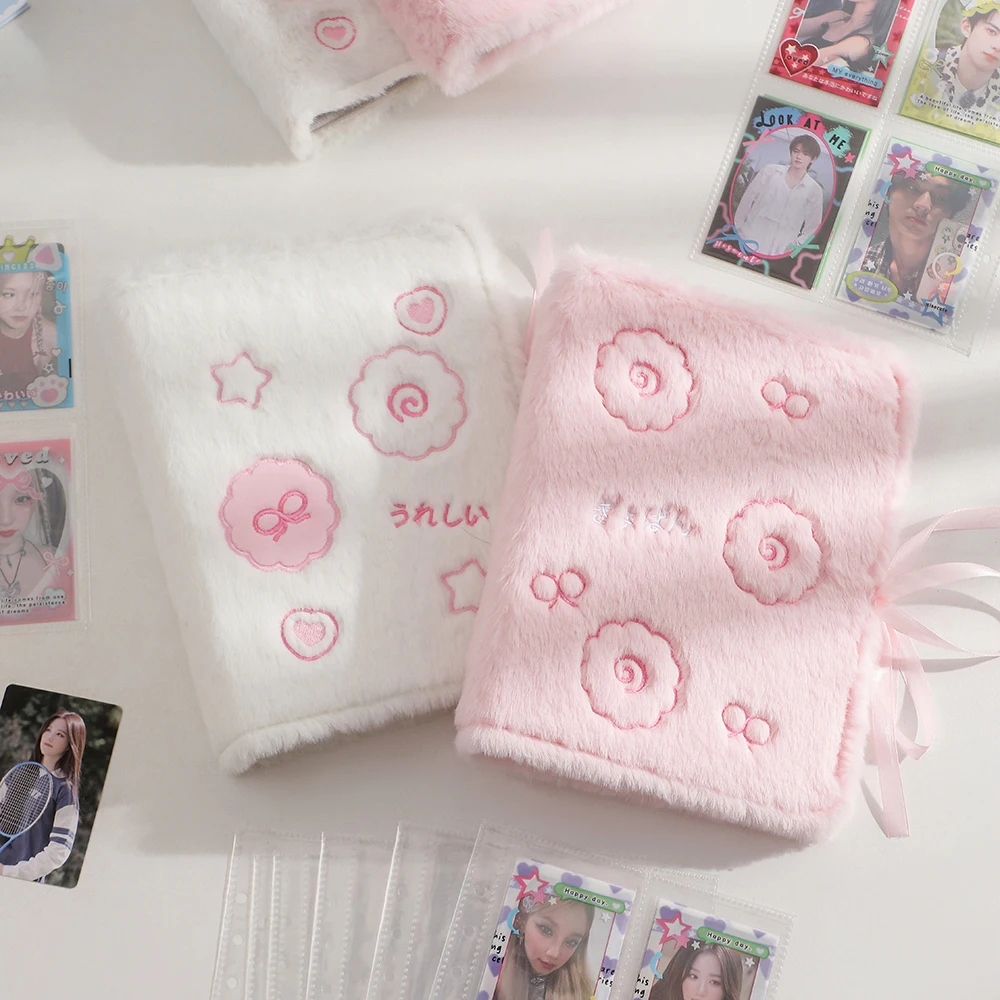 Kawaii Fluffy A5 Binder Photocard Holder Cute Fish Cake Embroidery Photo Cards Storage Book Stationary 4