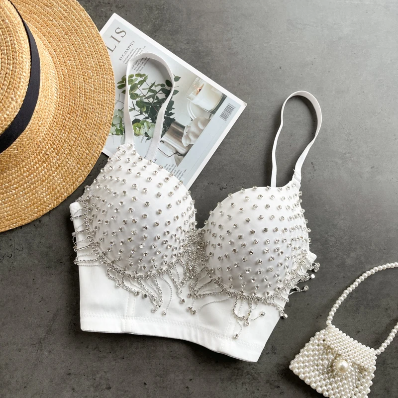 Description Picture 4 of itemNew Rhinestone Tassels Night Out Club Busiter Crop Top Black White Push up Bralette Summer Fashion Wear Out Corset Bustier Bra