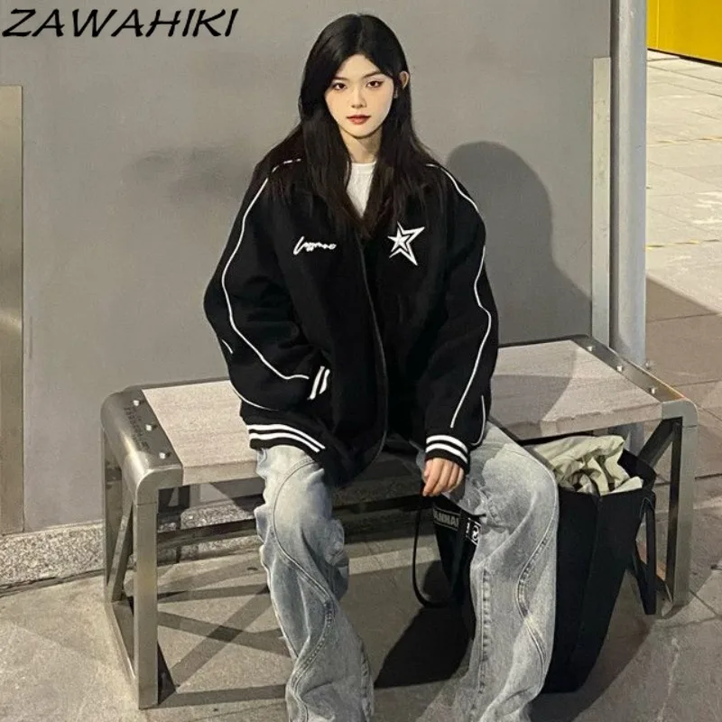 

ZAWAHIKI Letter Star Graphic Embroidery Zip-up Loose Women Jackets Spring Autumn Casual Fashion Contrast Color Chic Streetwear