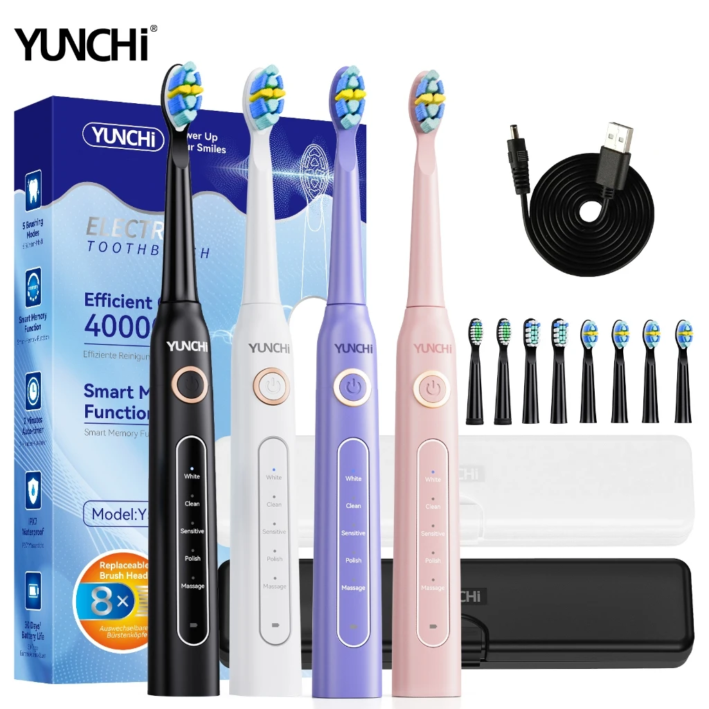 YUNCHI 소닉 전동 칫솔 효율적인 살균 치아 얼룩 제거 잇몸 관리 여행용 케이스 브러시 헤드 포함 Y5 4가지 색상