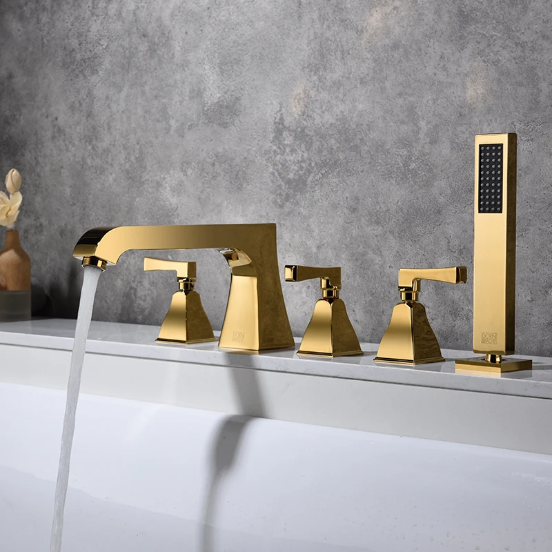 

Top Quality Brass Gold Bathtub faucet set 5 Holes 3 Handles Bathroom shower faucet Golden Copper Cold hot water Bathtub Tap