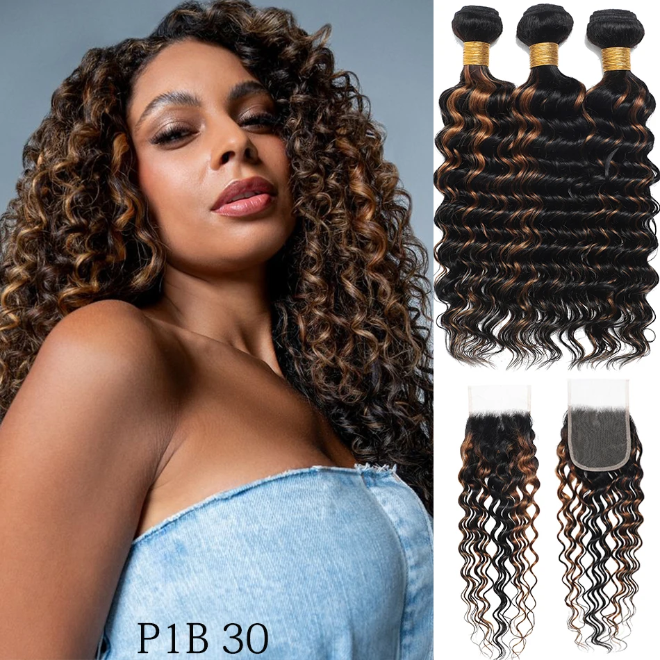 100% Human Hair Bundles With Closure Deep Wave Bundles With 4x4 HD Lace Closure Ombre Wet and Wavy Deep Curly Hair With Closure 3