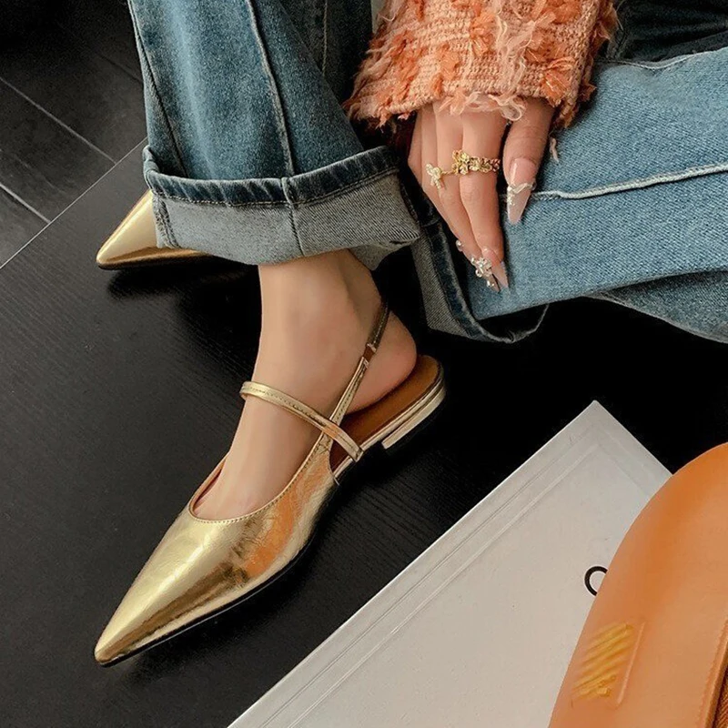 pointed toe gold leather flat sandals women slingback summer shoes narrow band gladiator sandalias sexy ladies party shoes