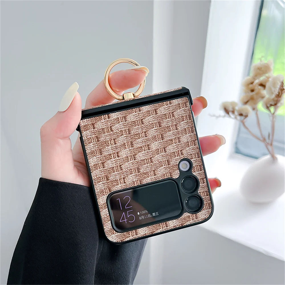 Luxury Weave Pattern Hinge Metal Finger Ring Holder Case - Shockproof Bumper Cover