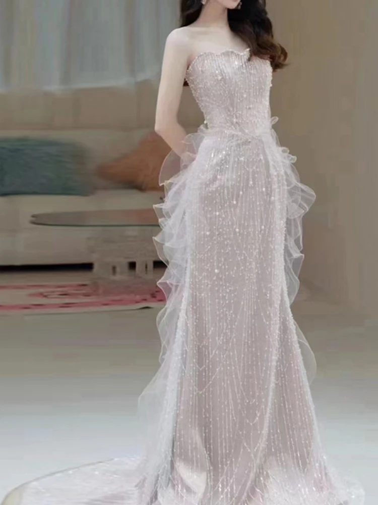 

Fairy Strapless Sleeveless High Waist Sexy Mermaid Evening Dress Exquisite Pearl Beading Appliques Vestidos Mesh Spliced Gown