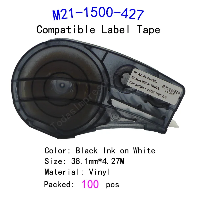 M21-1500-427 비닐 라벨 리본, BMP-21 PLUS 프린터용, 산업용 라벨 프린터, 블랙 온 화이트, 100PC, 38.1mm x 4.27m