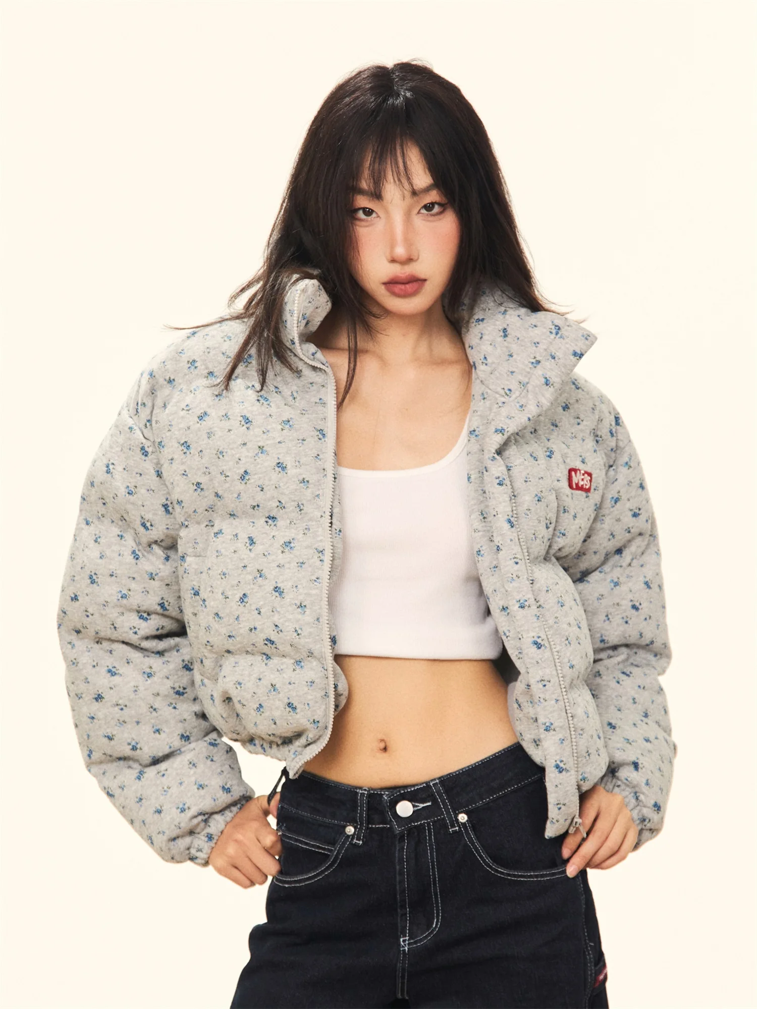 Jacket Women's Loose Casual American Retro Small Floral Full Printed Stand Collar Short Autumn Winter Thickened Warm Fashionable