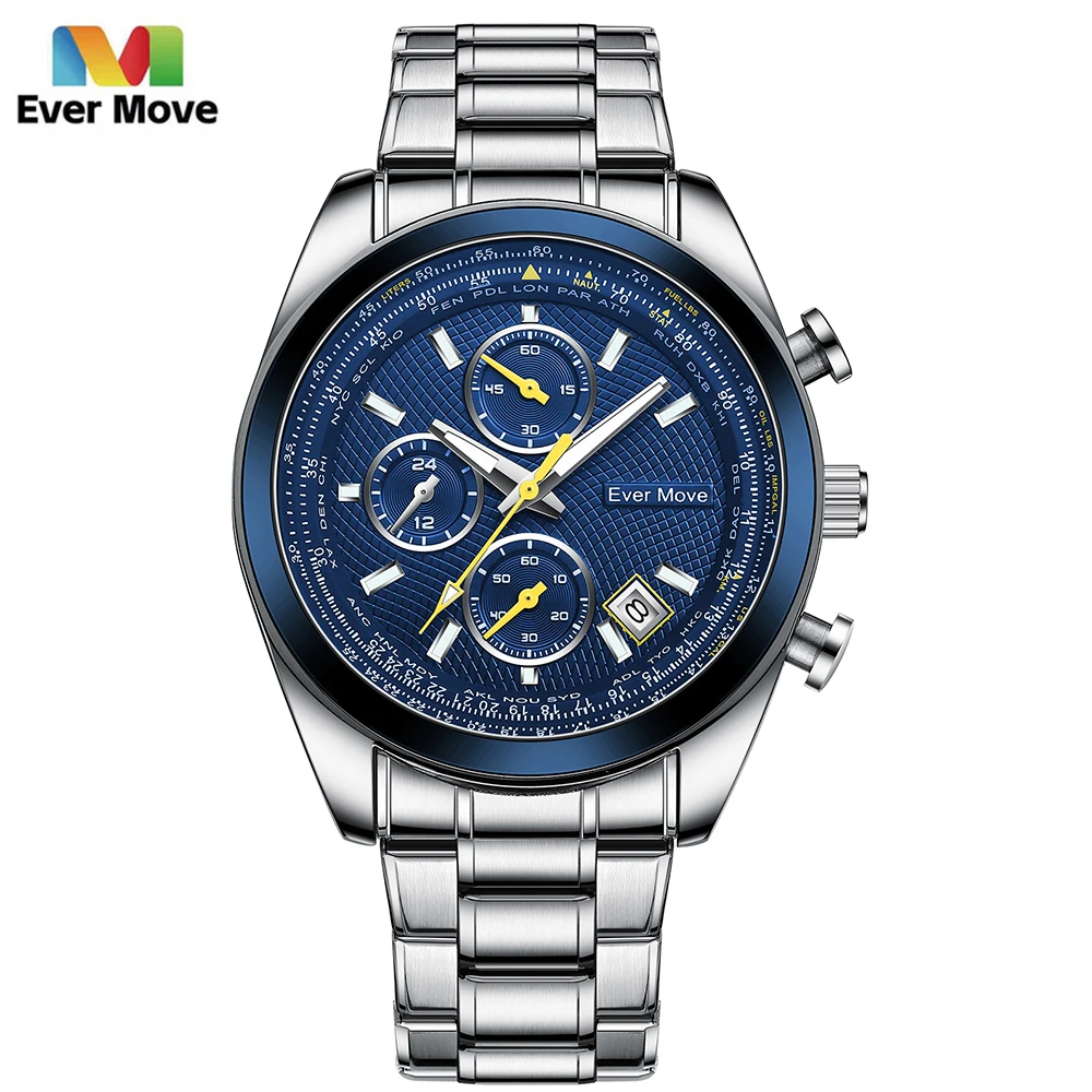 Ever Move High Quality Luxury Men's Watches Stainless Steel Fashion Quartz Wristwatches Male Auto Date Clock With Luminous Hands ts bn64 multifunctional wireless weather station clock indoor outdoor temperature and humidity meter weather forecast table clock with calendar moon phase display