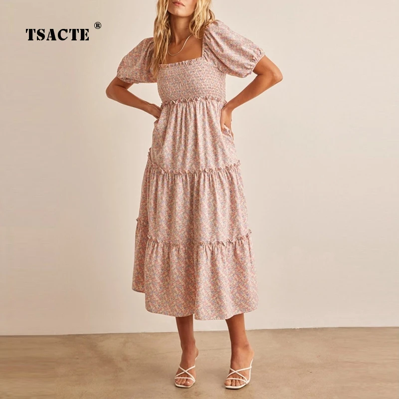 

Fashionable Vacation Style Square Neck Floral Dresses Bubble Sleeves Patchwork Pleats Slim Fit A-line Skirts New For Summer 2024