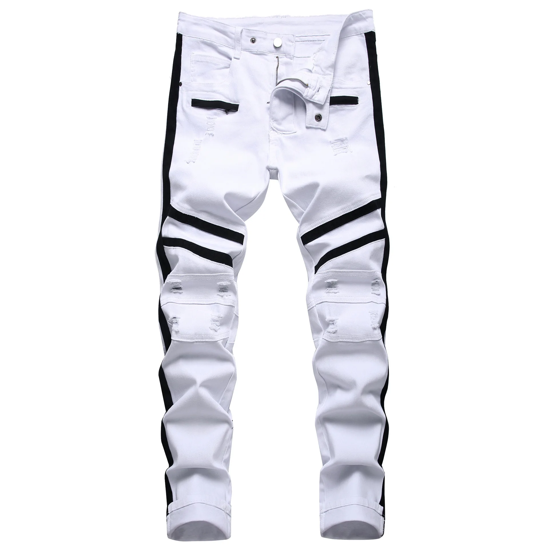 New White Men's Jeans Straight Denim Jeans with Zippers Contrast Color