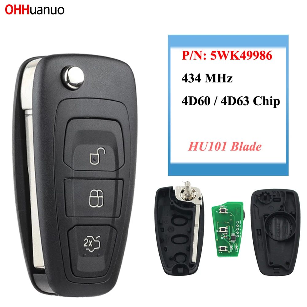 P/N:5WK49986 3 Button Smart Folding Remote Key Fob 434MHZ With 4D60/4D63 Chip for Ford Focus MK3 and T6 Ranger HU101 Blade