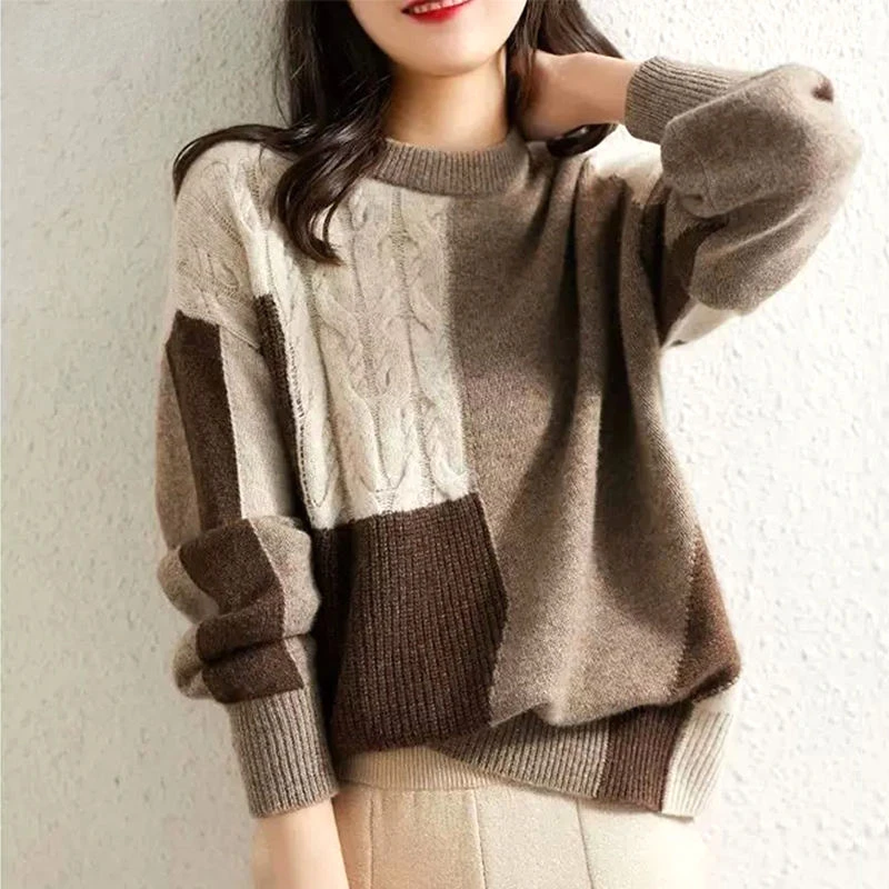 

Sweaters O Neck Patchwork Loose Solid Women's Clothing Autumn Winter Thin Fashionable Temperament Pullovers Knitted Casual N129