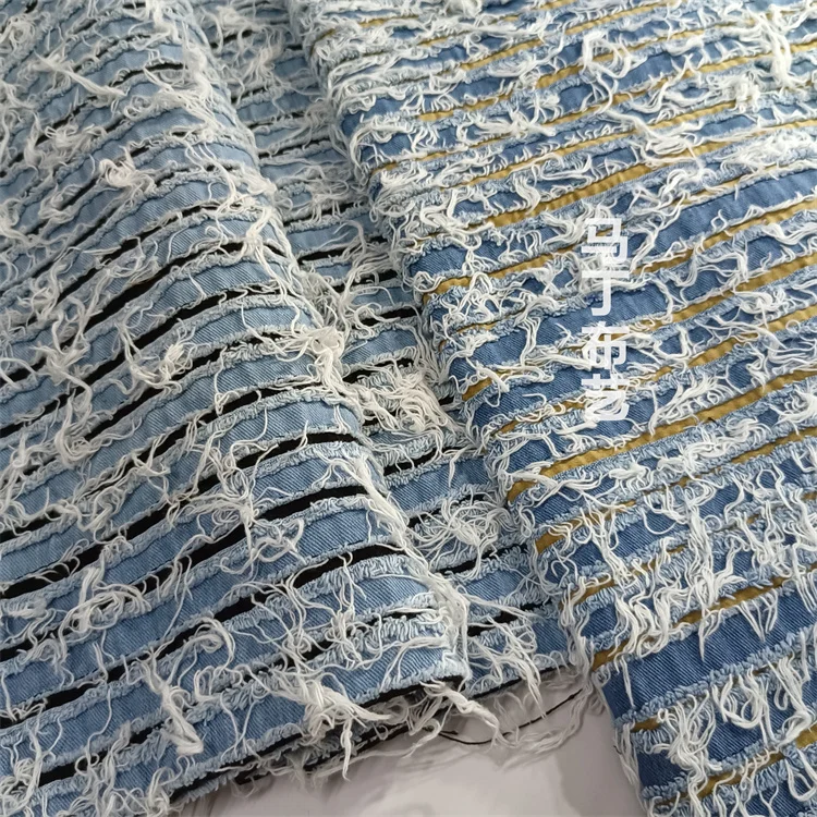 Fashion Tassel Denim Fabric Beggar Destructive Cut Flower Fabric Thickened Designer Fabric Diy