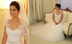 V Neck Cap Sleeves Lace and Tulle Wedding Dress Ball Gown Long Plus Size Bridal Gowns 2015 Romantic Vestidos De Novia HL603