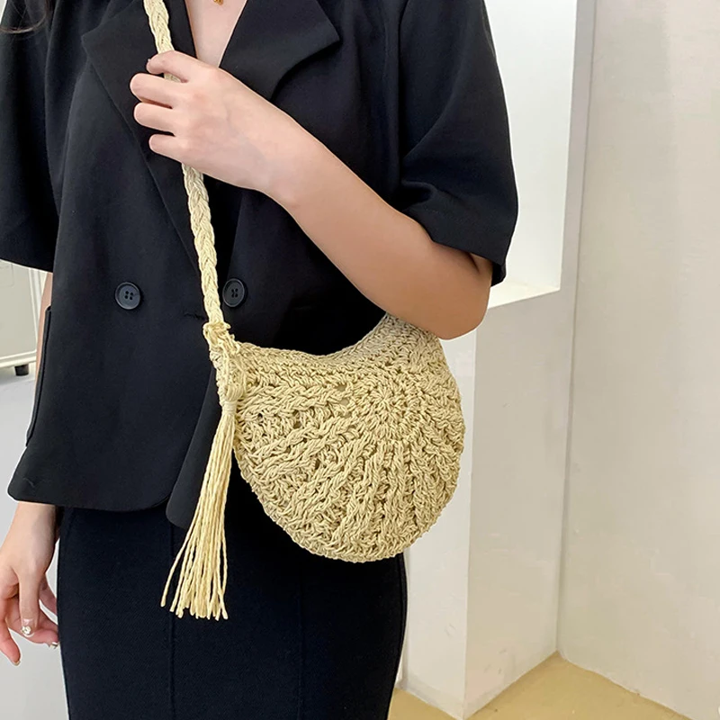 Summer Semicircle Straw Crossbody Bag for Women with Tassel Decorations Hollow Woven Shoulder Messenger Casual Beach Bag
