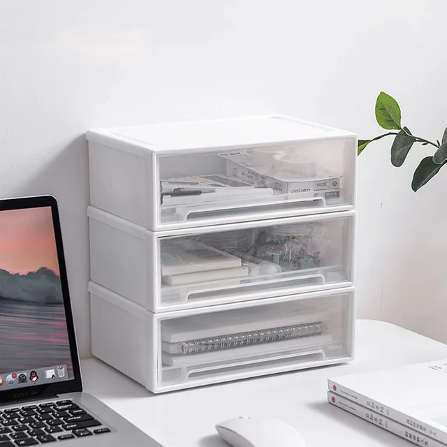 Stackable Clear Plastic Drawer Organizer, Dustproof Desktop Storage Box for Office, Makeup & Stationery, Space-Saving 1
