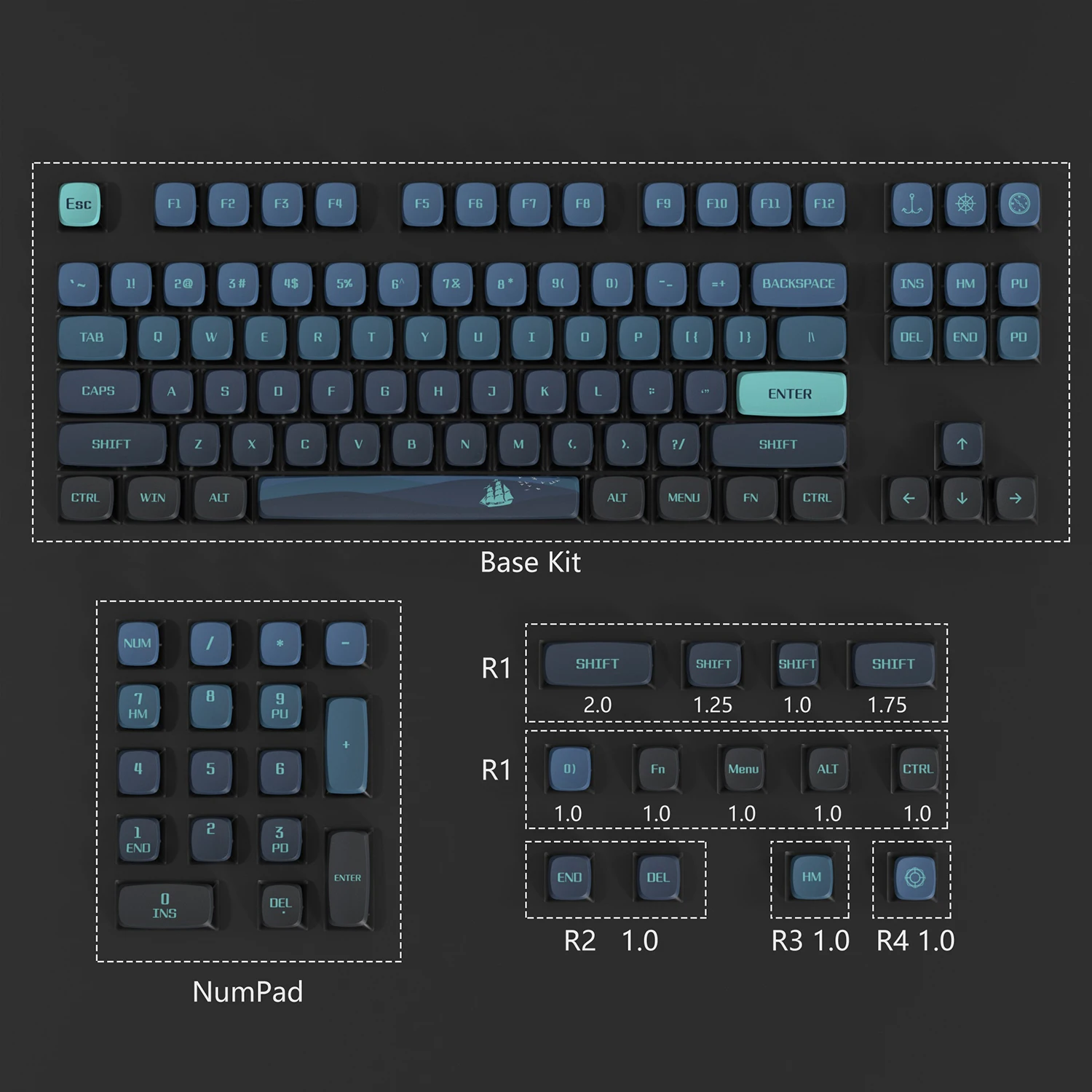 PIIFOX XDA 키캡 PBT 키캡, 열 승화 투명 108 키, ASA 키캡-네비게이터