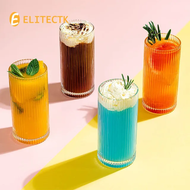 Combler Glass Cups with Straws, Drinking Glasses 12.5oz, Ribbed Glassware  Set of 4, Iced Coffee Cup, Coffee Bar Accessories - AliExpress