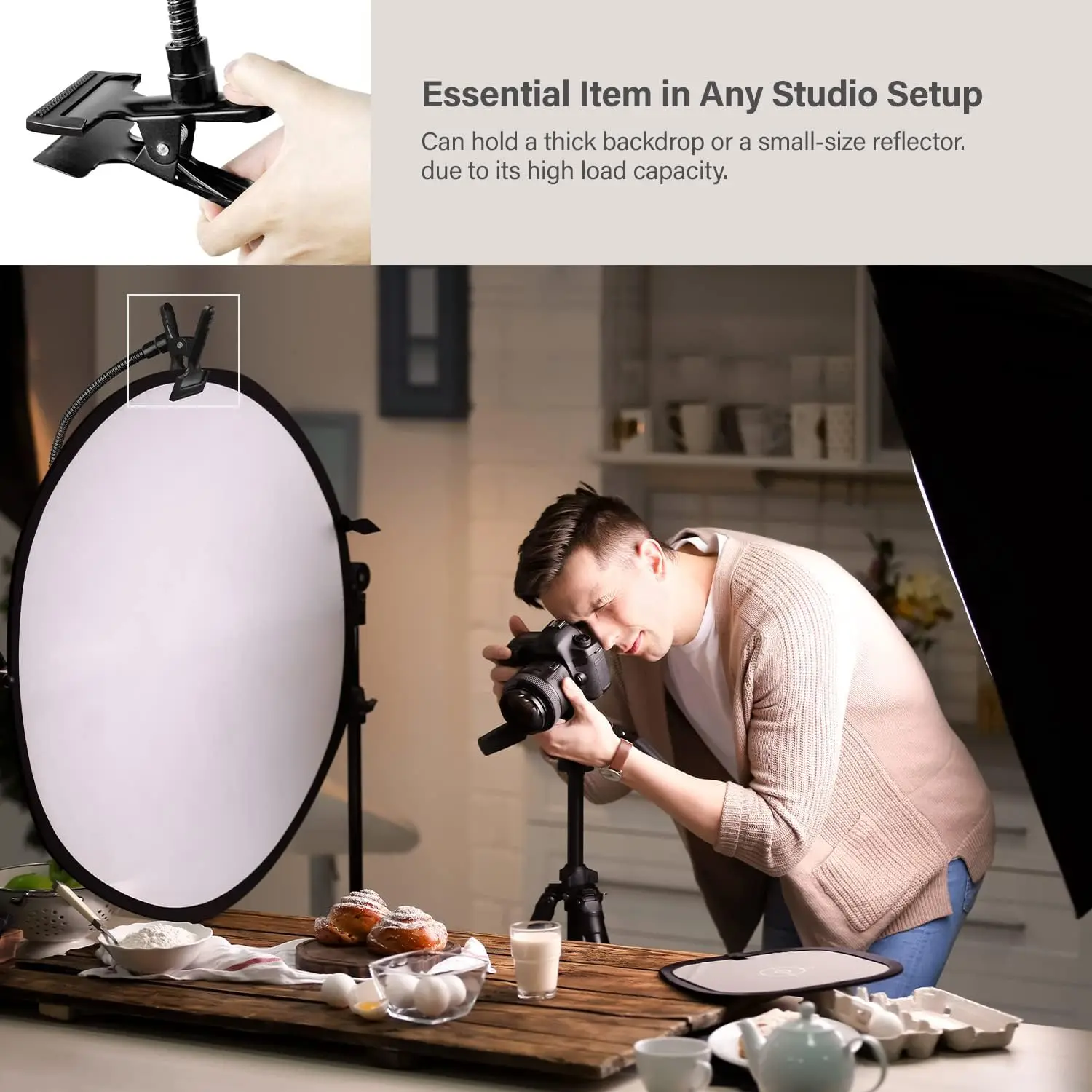 Flexível Gooseneck iluminação Stand, Flash refletor, braçadeira