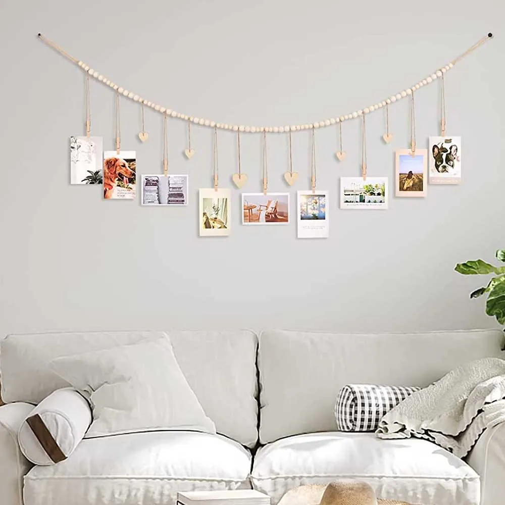 Hanging Photo Display with Log Color Wooden Bead String Photo Storage Tassel String Hemp Rope Bead Clip Home Decoration photography clamps