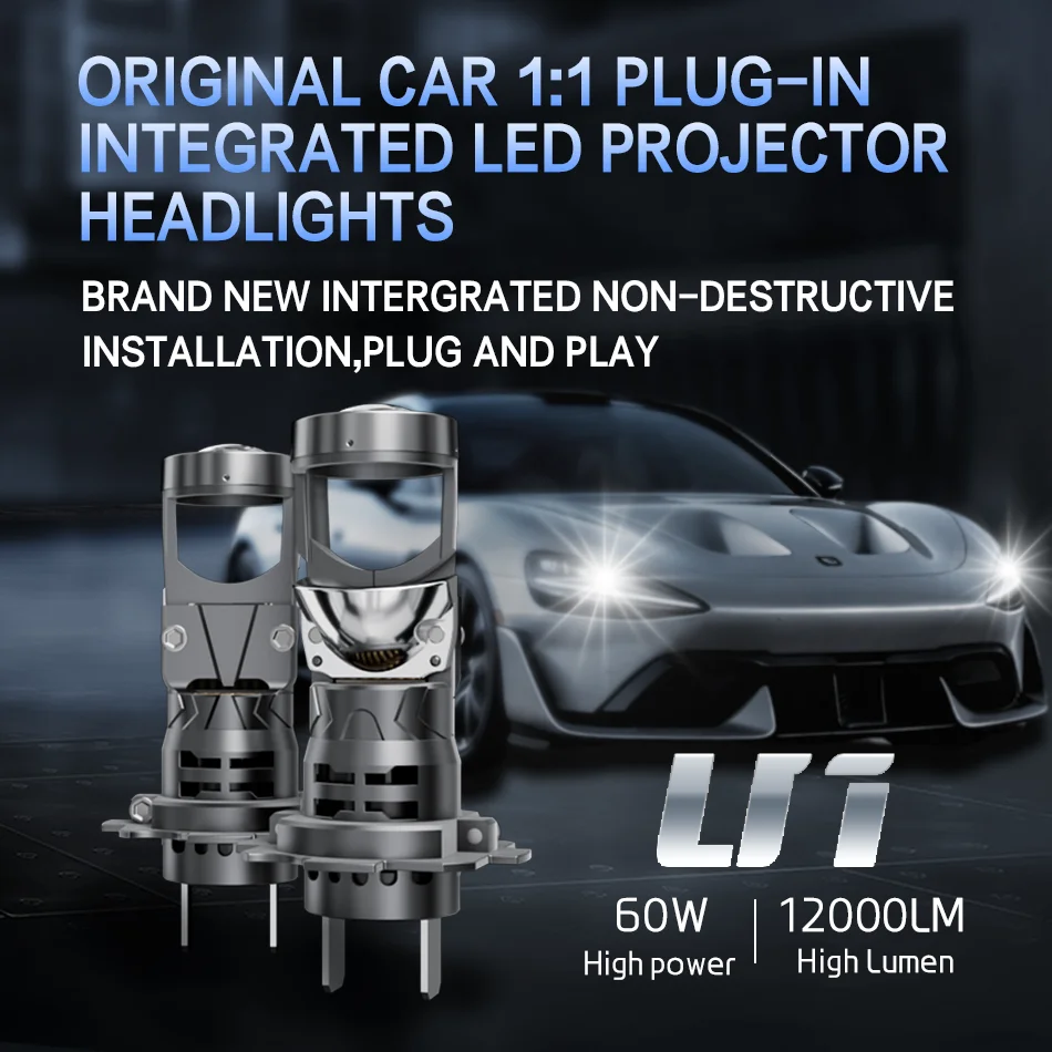 H7 LED 프로젝터 렌즈 캔버스 60W 12000LM 듀얼 렌즈 H7 자동차 헤드라이트 6000K 자동차 LED 전구 터보 램프 (자동 주행용)