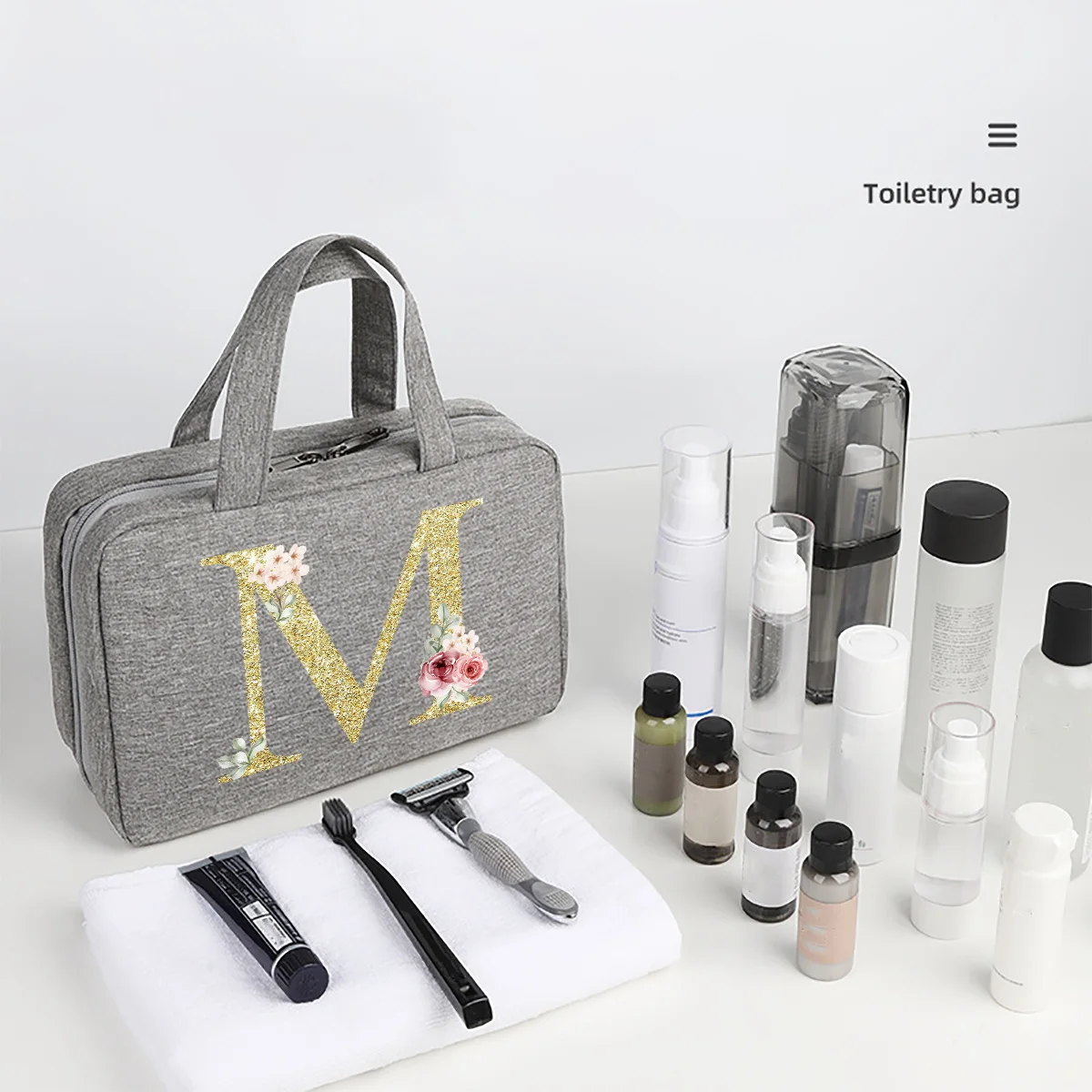Golden letter printed travel waterproof foldable dry wet separation wash bag with large capacity cosmetic storage bag