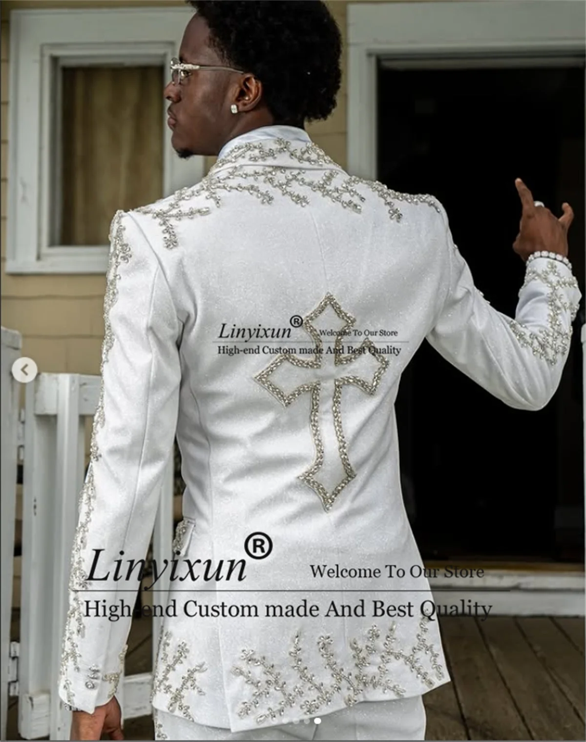 Men's Tuxedos Diamond Beaded Stone 2 Pieces Sets Prom Blazer Formal Banquet Groom Wedding