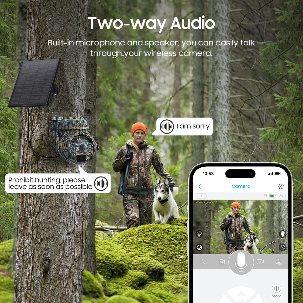 SHIWOJIA 3MP 4G Solar Cameras 4G Sim/WIFI Wireless Outdoor 360° View Animal Monitoring Camouflage Color Solar Battery PTZ Camera