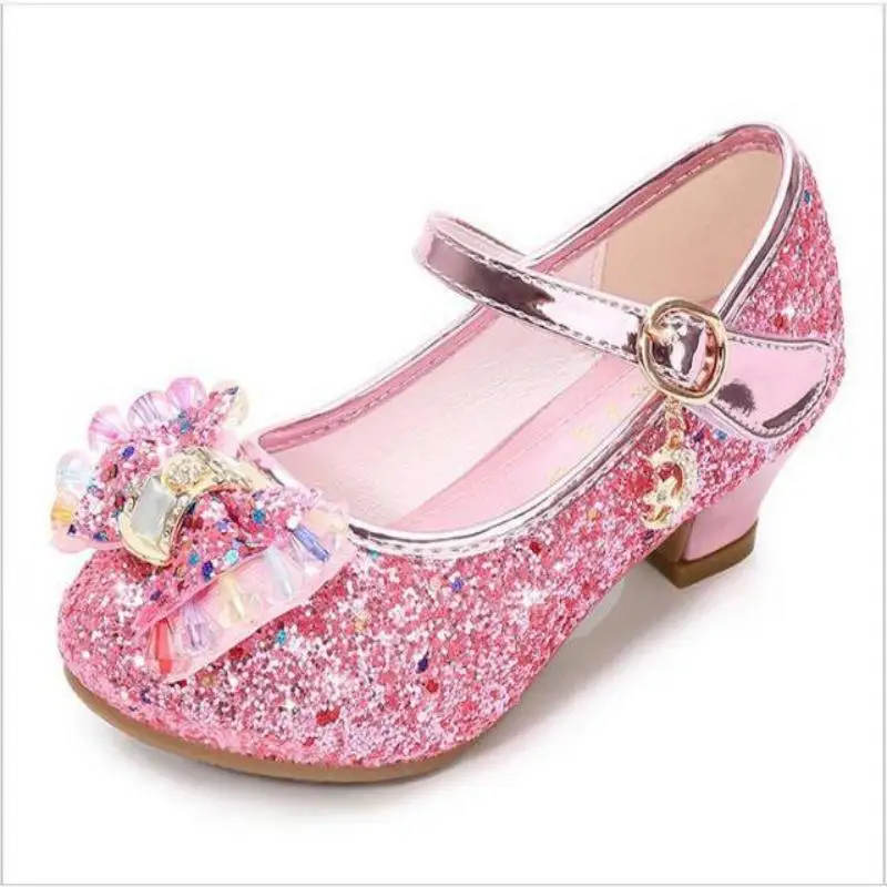 Girls Leather Shoes Princess Shoes Children round-Toe Soft-Sole Big girls High Heel Princess Crystal Single