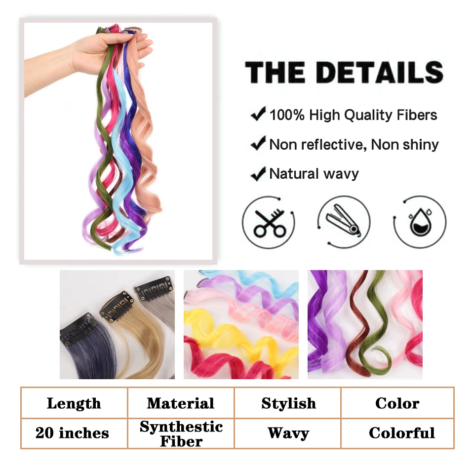 Colorful Hair Extensions Curly One Clip in Synthetic Long Hairpiece For Girls Women Kid Multi-colors Party Highlights Wig Piece images - 6