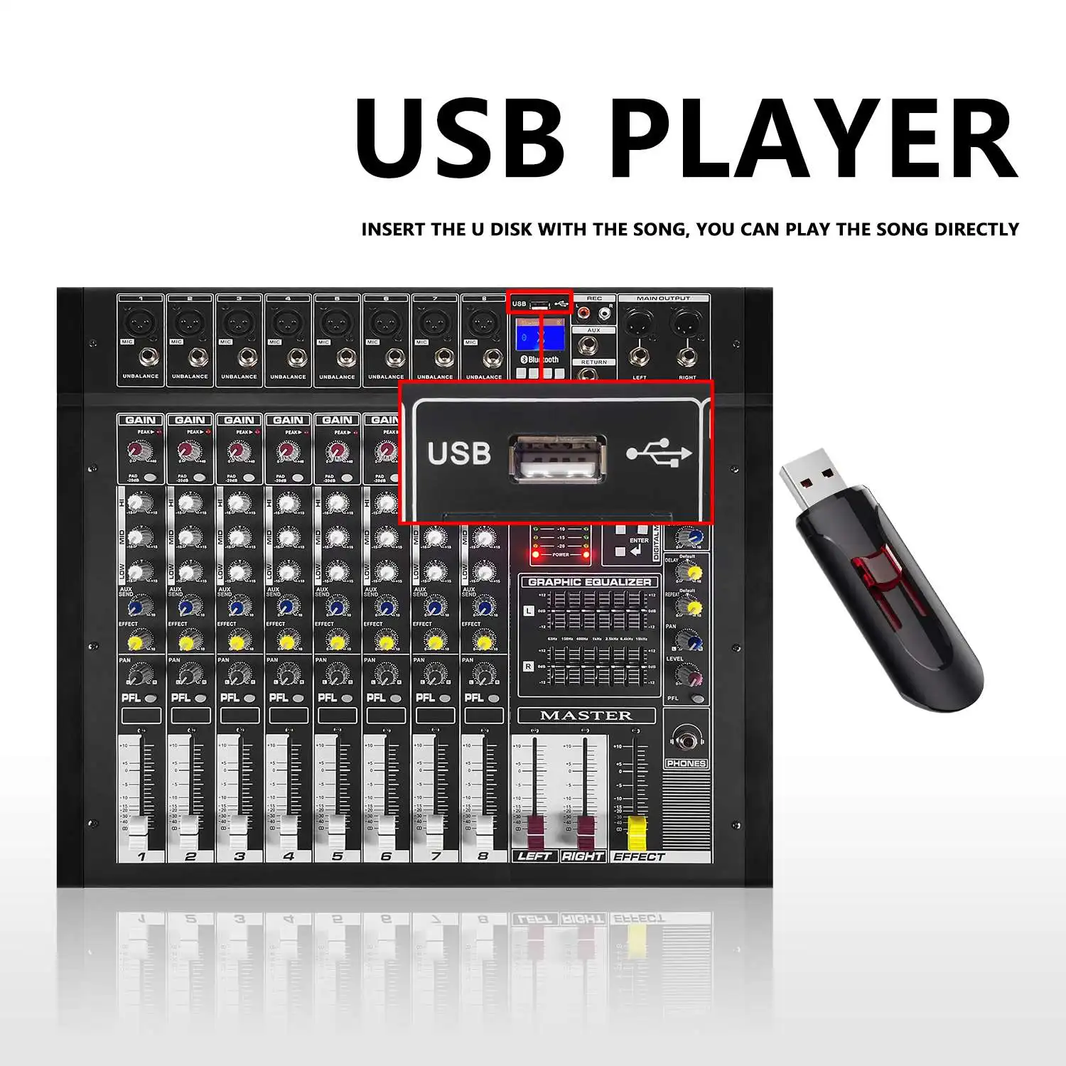 GAX-PMX8 Professional 500W Audio Mixer +48V Phantom Power 16DSP Effects Blueteeth USB Computer Play Recording Power Mixer