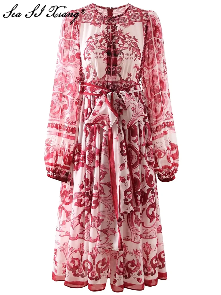 

Seasixiang Fashion Designer Summer Chiffon Dress Women O-Neck Lantern Sleeve Belt Red Print Vintage Midi Dresses