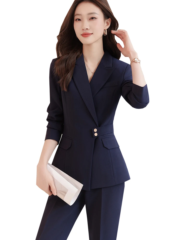 

Autumn Winter Gray Black Navy Pant Suit Women Office Ladies Blazer and Trouser Formal 2 Piece Set