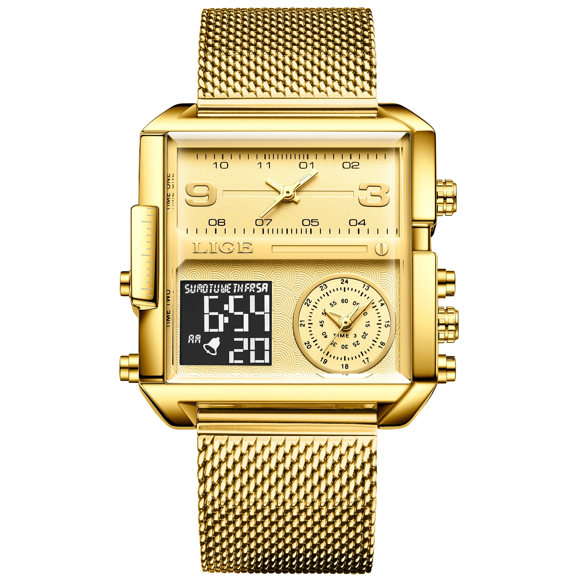 Luxury Gold Steel Sports Square Digital Analog Men's Quartz Watch