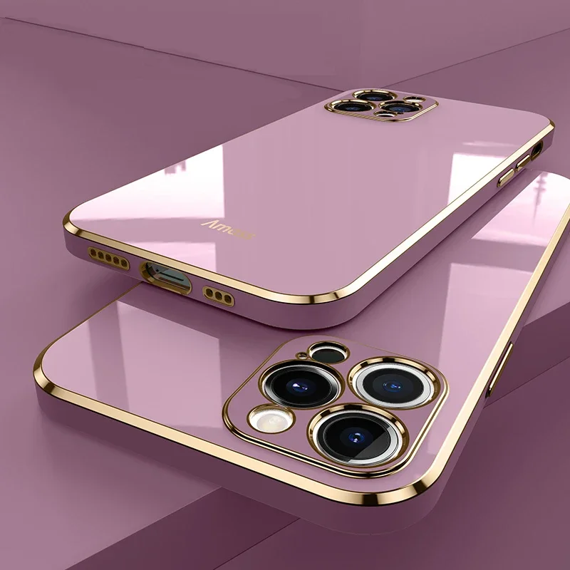 thumbnail image 1 of Luxury Square Silicone Plating Phone Case For IPhone 14 11 12 13 15 Pro Max Mini Plus XR X XS Max Solid Color Soft Cover Coque, 1 of 5